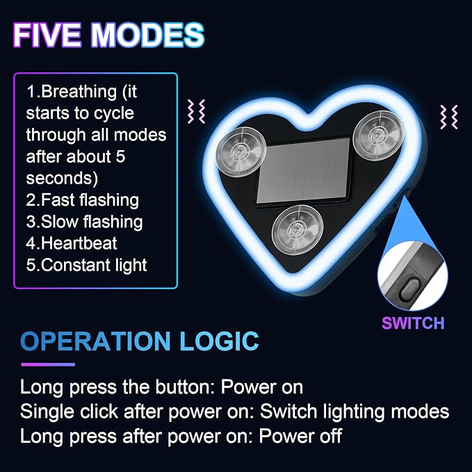 Heart-Shaped LED Neon Solar USB Rechargeable 2-Pack Blue Car | 40 High-Brightness Wireless Led Lights for Car, 5 Modes Suction Cups Easy Mount for Auto Interior Bedroom Decor Gift - Image 5