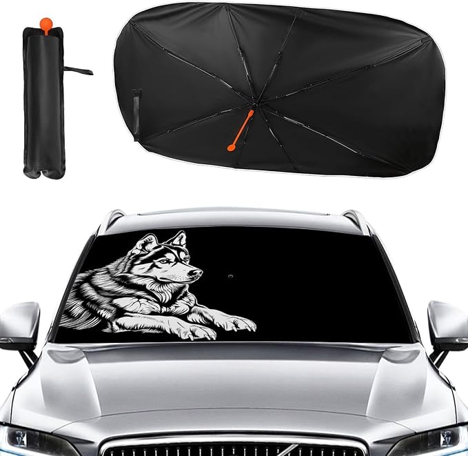 Black White Siberian Husky Car Windshield Sun Shade Foldable Umbrella Auto Sunshade for Car Truck SUV-Blocks Sun Visor Protector-Keeps Your Vehicle Cool - Image 2