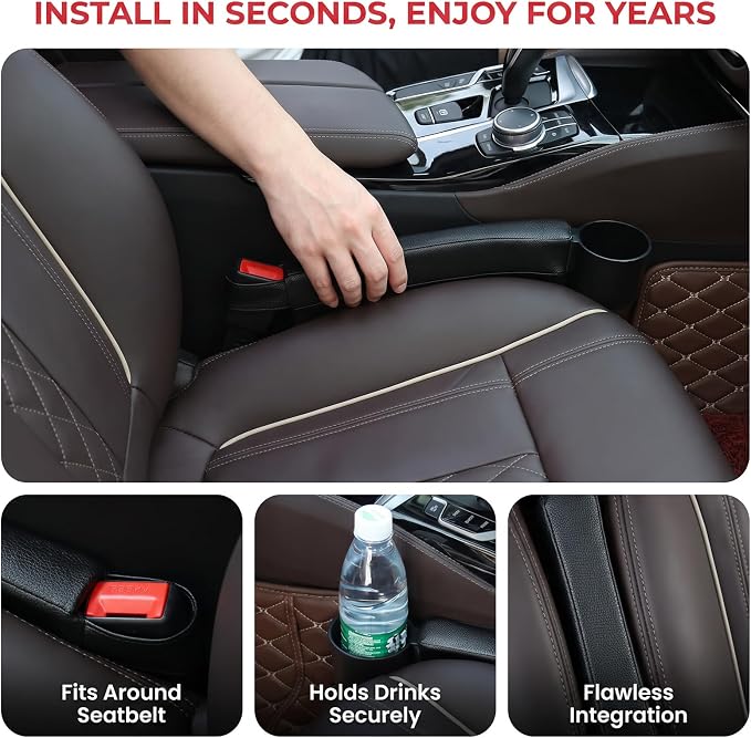 Tumecos Car Seat Gap Filler Pad PU Leather Console Side Pocket Organizer with One Cup Holder for Cellphone Wallet Coin Key 2 Pcs (Black+Red Surface) - Image 4