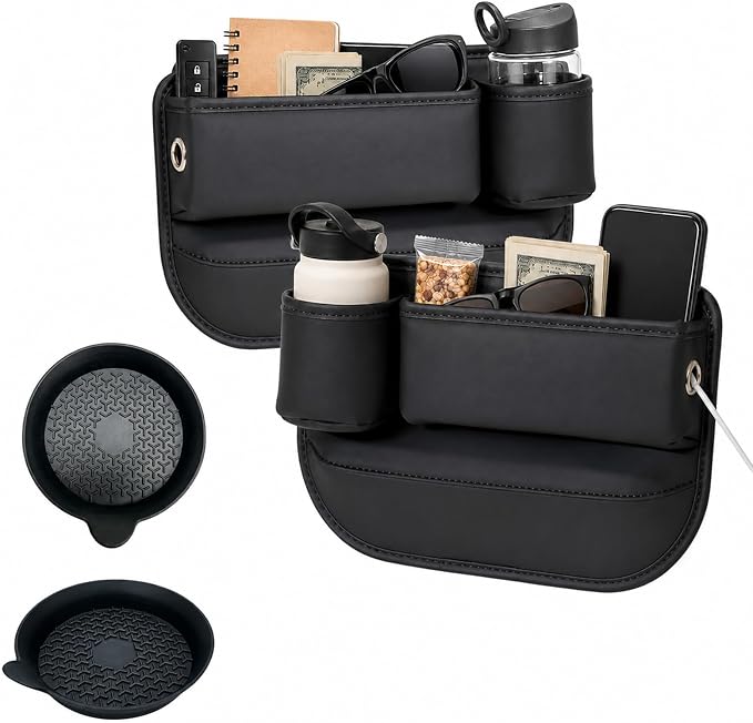 2 Pack Car Seat Gap Filler with Cup Holder – Anti-Drop Design | Universal PU Leather Seat Gap Organizer, Storage Box with Pockets & Cup Holders – Fits Most Vehicles by Unknown