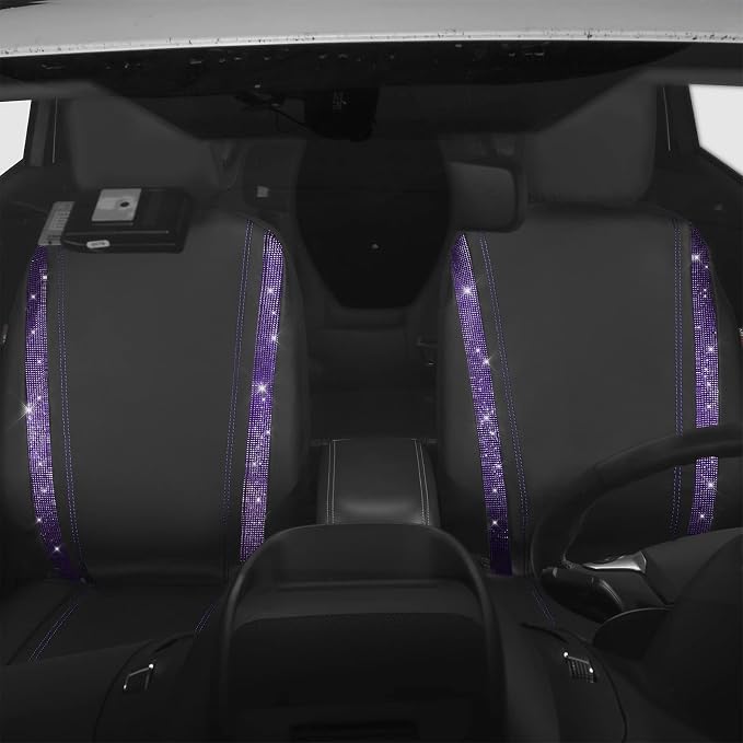 CAR PASS Leather Diamond Bling Car Seat Cover 2 Front Interior Sets, Waterproof Universal Shining Glitter Crystal Sparkle Fit for 95% Automotive Truck SUV Cute Women Girl, Black Purple Rhinestone - Image 8