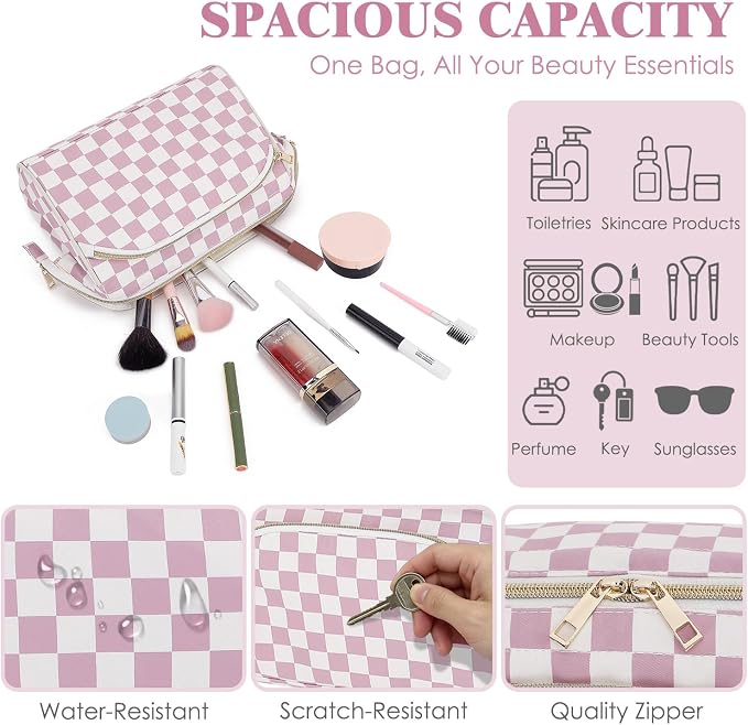 Fammart Travel Makeup Bag for Women, Waterproof Checkered Cosmetic Cosmetic Bag Make Up Organizer Case, Large Wide-open Toiletry Bag for Skincare, Brushes, Bathroom & Travel Essentials - Image 4