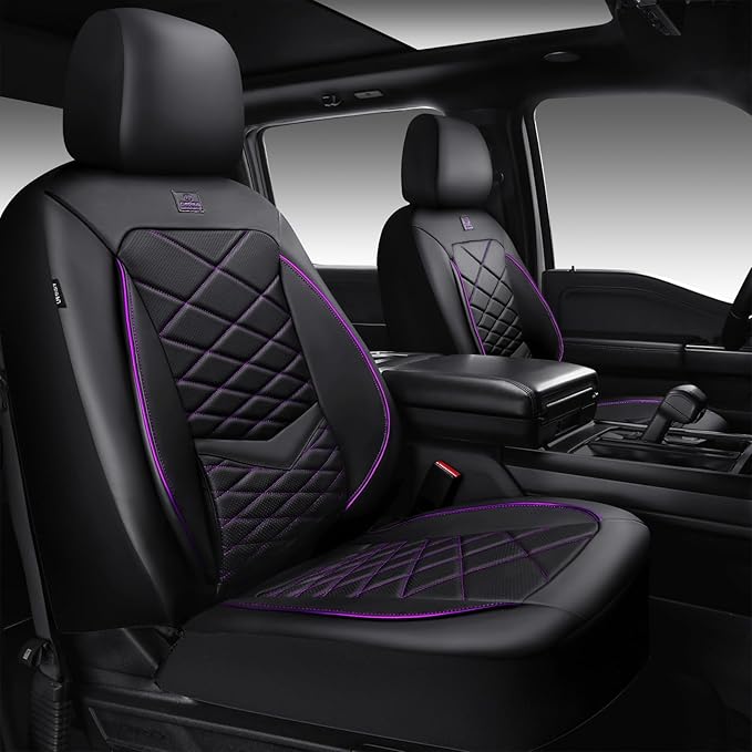 CAR PASS Luxury Nappa Leather Front Seat Covers, Water Resistant 3D Foam Seat Covers with Lumbar Support, Breathable Auto Seat Cover Airbag Compatible Universal Fit Sedan SUV Van Truck, Black Purple by CARPASS