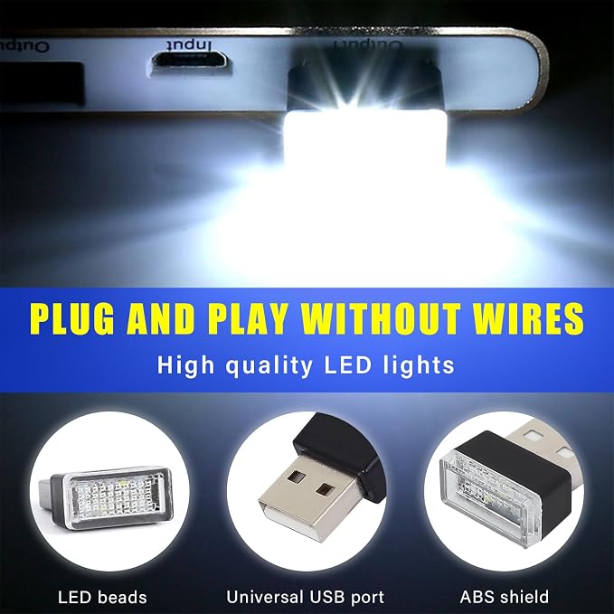 Augeny 4 PCS USB LED Car Interior Atmosphere Lamp, Plug-in USB Decor Night Light, Portable Auto Ambient Lighting Kit, Universal Vehicle Interior Accessories for Most Cars (White & Purple) - Image 3