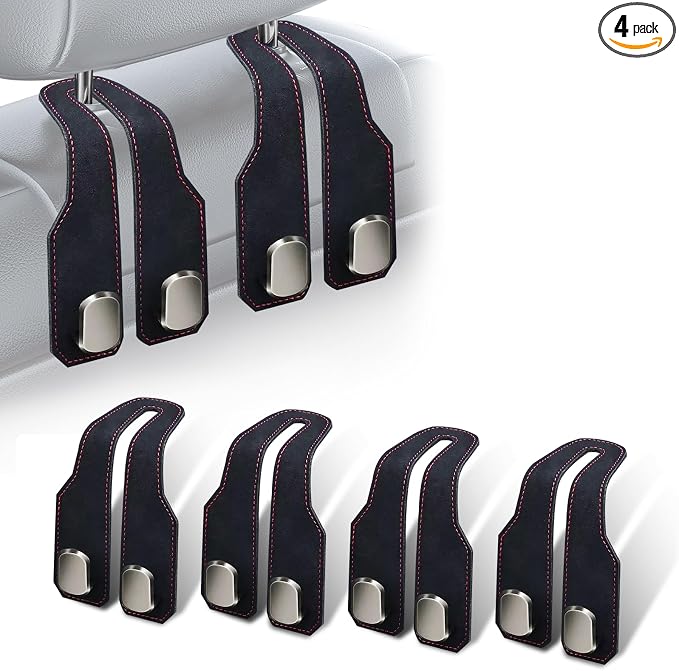 4 Pack Car Headrest Hooks, Dual Metal Hooks, Stylish Black | Premium leather with dual metal hooks and anti-drop design. Holds purses, bags, coats, and groceries securely. by atFivoy