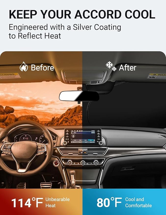 Proadsy Custom Fit 2018-2022 Honda Accord Windshield Sun Shade, Blocks Heat | 240T Heat Shield, Drops Temp 54°F, Blocks 99% UV, Prevents Dashboard Cracking, Summer Parking & Beach Trips, Easy Twist-Fold - Image 3