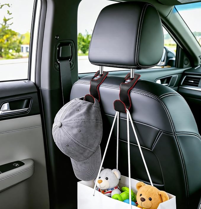 Car Seat Hooks for Purses and Bags, 2 Pack Car Purse Holder for Grocery Bag Handbag Clothes, Metal Headrest Hooks Covered by Leather, Black Red - Image 7