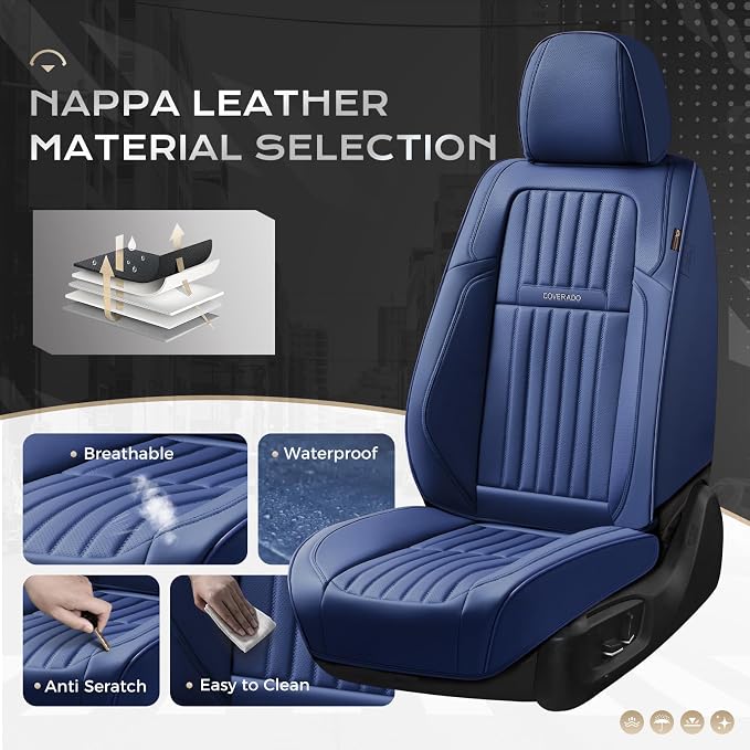 Coverado Car Seat Covers Full Set, Seat Covers for Cars, Car Seat Cover, Car Seat Protector, Leather Car Seat Cushion, Waterproof Car Seat Covers Front Seats and Back Fit for Most Cars(Blue) - Image 2