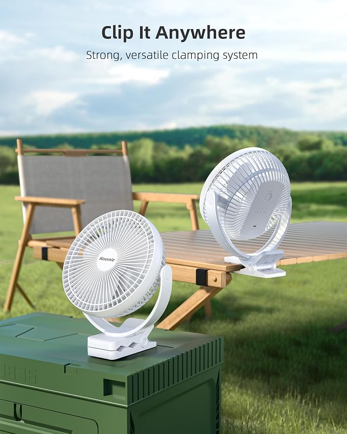 Koonie 8" Clip on Fan, 10000mAh Rechargeable Battery, Strong Airflow | 4 Speeds, Sturdy Clamp, Ideal Portable USB Desk Fan for Office, Golf Cart, Camping, Travel, Tent, Outdoor, Treadmill & Gym - Image 3