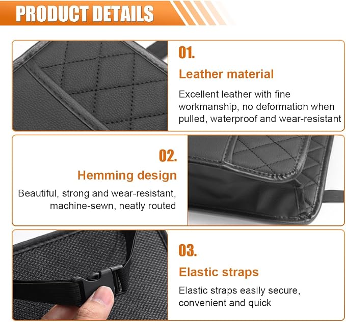 LAINLOY Classic Car Backseat Organizer, Black, 8L Capacity, Foldable, Hanging Mount, PU Leather, Unisex, 1 Count - Image 3