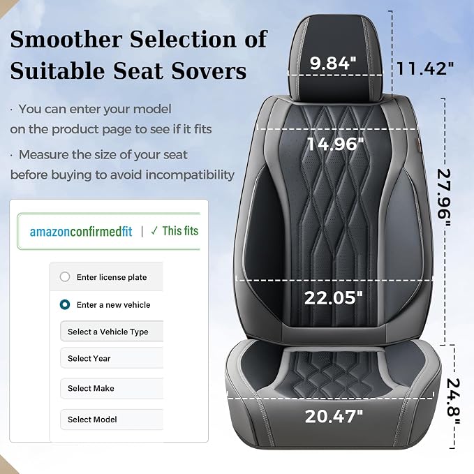 Coverado Seat Covers FullSet, 5 Seats Car Seat Protector, Waterproof Nappa Leather Cushion, Front & Rear Fit for Most Sedans SUV Pick-up Truck-Gray&Black - Image 7