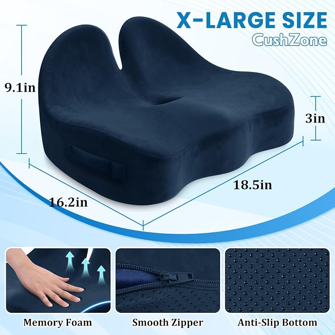 CushZone Extra Large Seat Cushion, Sciatica Support for Office Chair, Blue | Ergonomic Office Chair Cushion for Hip & Tailbone Pain Relief, Memory Foam Cushion for Car, Long Trip, Desk Chair, Lab - Image 2