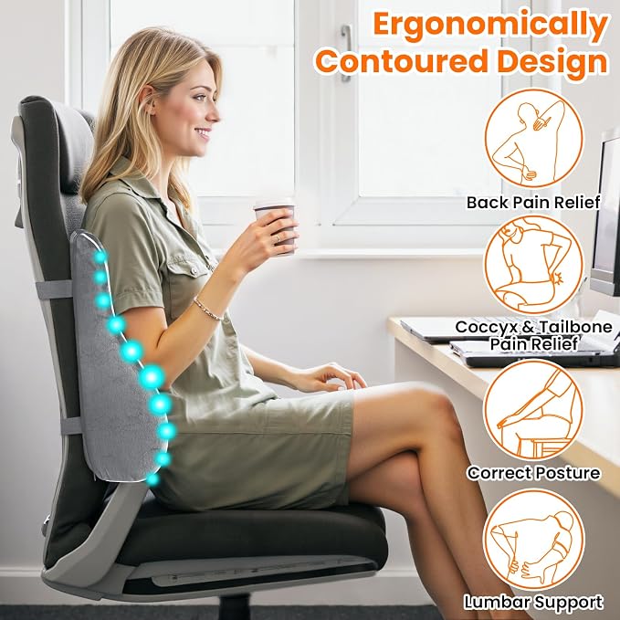 CloudBliss Lumbar Support Pillow, Memory Foam for Office, Light Gray | Ergonomic High-Density Memory Foam, Adjustable Straps, Washable Mesh Cover, Lower Back Support for Office, Gaming & Car Seat - Image 6