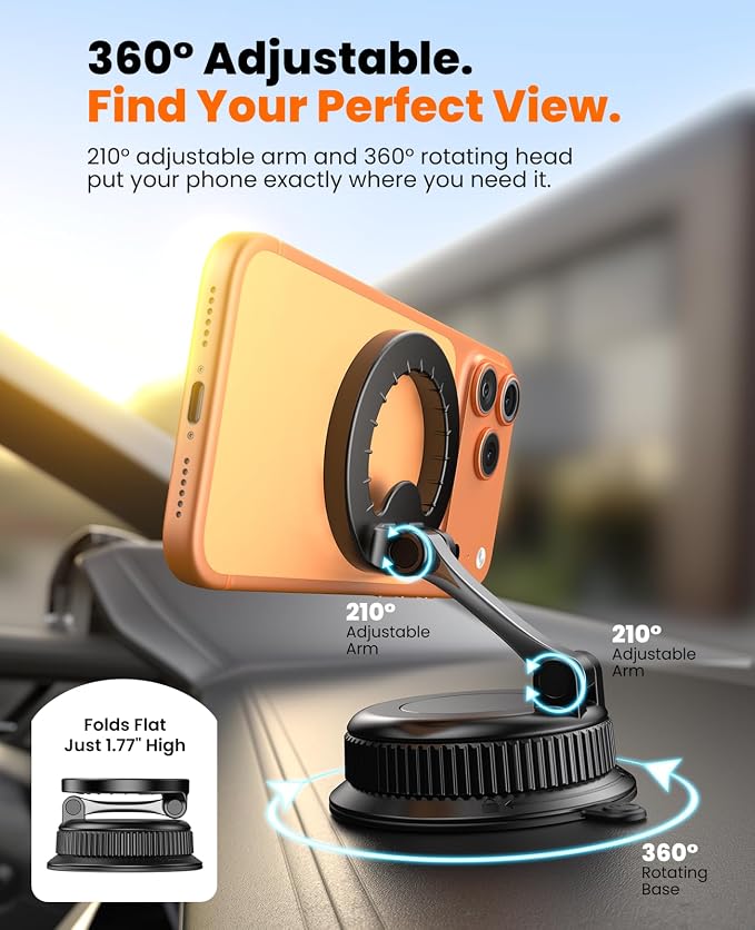 Vacuum Car Phone Holder for MagSafe, No-Glue Suction Cup Mount with Dashboard Pad, Reinforced Zinc Alloy Hinge, 360° Rotatable Foldable Cell Phone Holder for iPhone 17 16 15 14 13 12 Series - Image 5