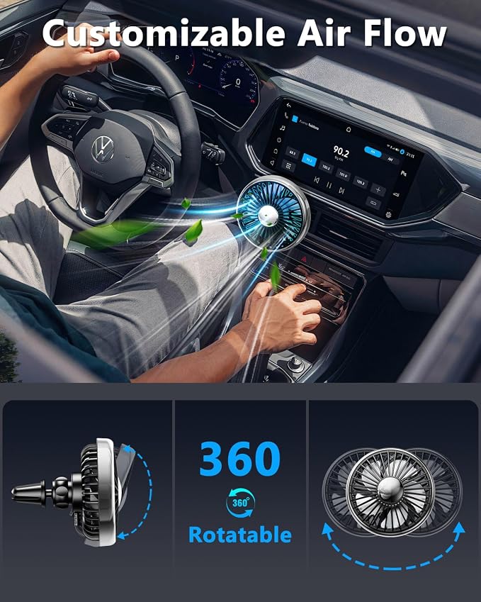 USB Fan for Car AC Air Vent to Boost Cooling Air Circulation | Colorful Light Car AC Fan for SUV Van RV Pickup Truck, Powerful 3 Speed, Quiet Brushless Motor, 360 Rotating Car Clip on Fan - Image 3