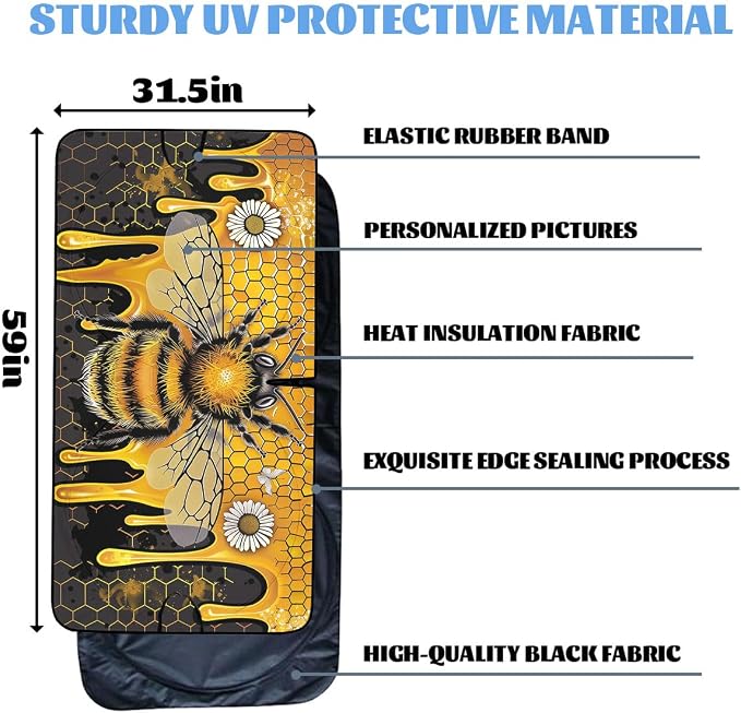 Cute Honey Queen Bee Windshield Sunshade, Playful Bee Pattern, Universal Fit for Car, SUV, Truck, 59" L x 31.5" W - Image 6