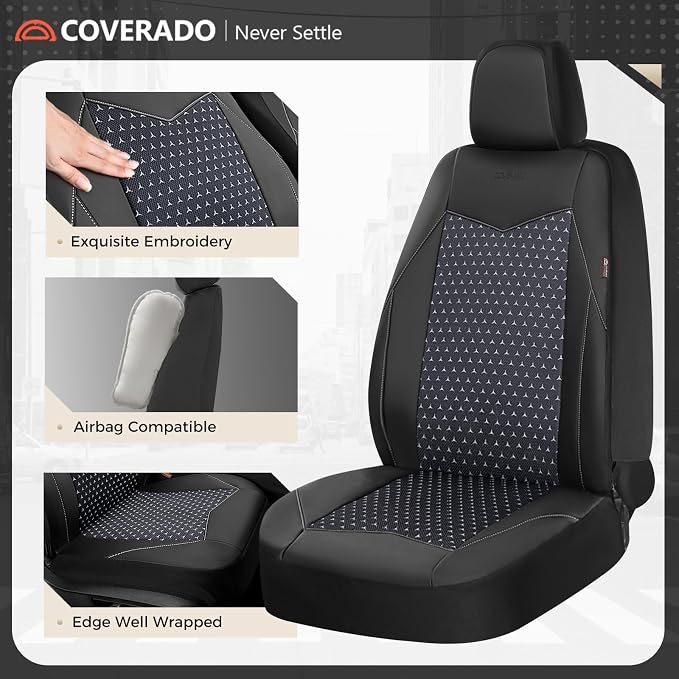 Coverado Front Seat Covers, Breathable Mesh & Leather Car Seat Protectors, Black Driver Seat Cover, Car Seat Cushions, Universal Automotive Seat Covers Fit for Most Sedans SUV Truck, Black - Image 3