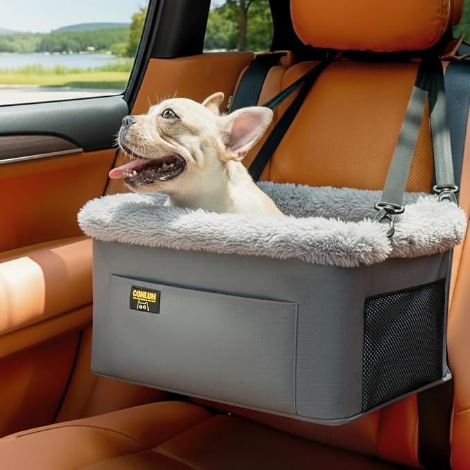Conlun Dog Car Seat Booster | Steel Frame Anti-Collapse | Small Pet | Grey | Heavy-duty Oxford | Rigid Skeleton Stops Wobbling | Leash Prevents Escapes | Elevated Pet Booster for Calm Car Trips by Conlun