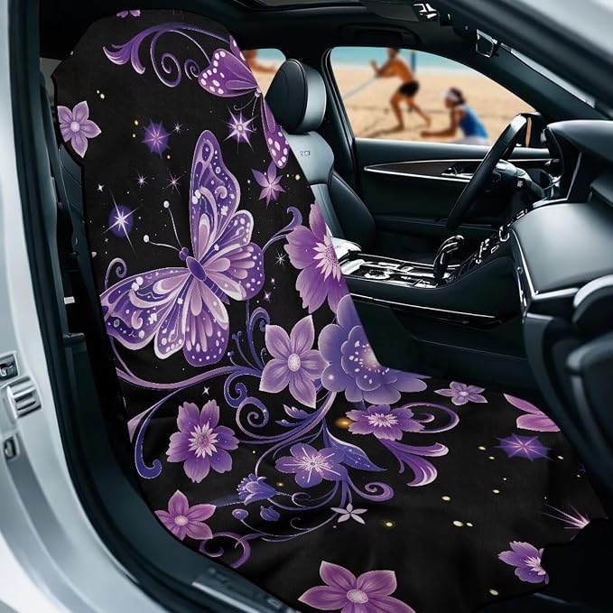Purple Butterfly Flower Car Seat Towel with Storage Bag Sweat Car Seat Cover Protector Butterfly Print Auto Interior Accessories Driver Seat Cushion Cover Towel for Yoga Swimming After Gym - Image 2