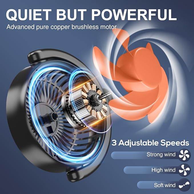 Dealswin Rechargeable Car Fan for Back Seat, Battery and USB Dual Power Car Fans for Baby Kids, Powerful 3 Speeds 360° Rotatable Dual Head Cooling Car Seat Fan - Image 6