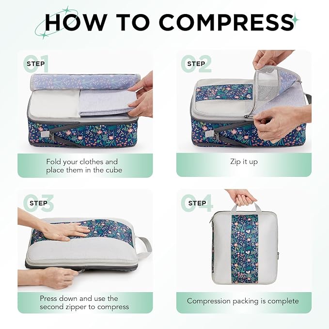 OlarHike 8 Set Compression Packing Cubes for Travel Essentials,Compressible Expandable Space Saver Bags for Organizing Clothes,Luggage Garment Bags with Over 1000 pcs Mesh Holes(Dark Blue Floral) - Image 3