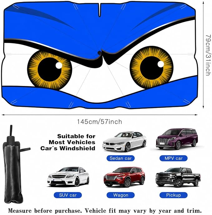 Car Windshield Sun Shade Umbrella, Universal Fit Mid-Large Sedans & SUVs | 57 x 31" Car Sun Visor, Foldable UV Heat Blocking Auto Sunshade with Rearview Mirror Cutout, Monster Blue Eyes - Image 5