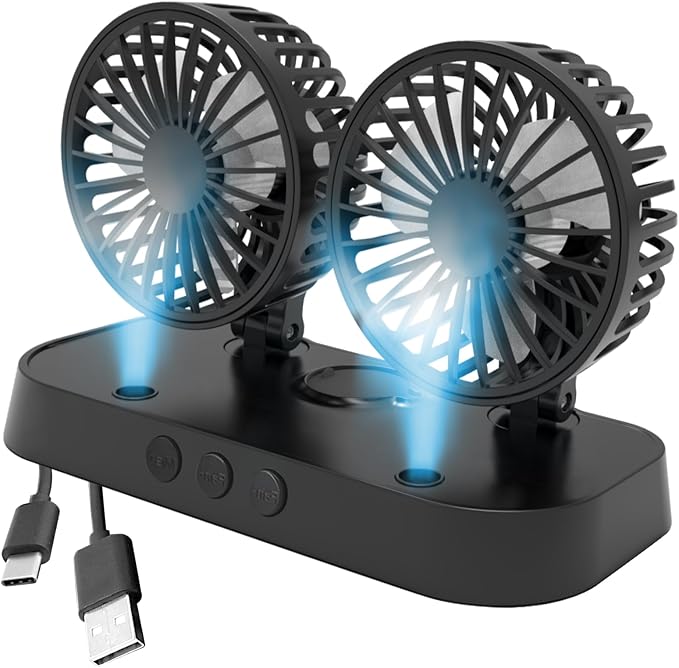 Car Fan, Portable USB Powered Dual Head Cooling Fan for Car, 360° Rotatable & 2 Speeds Adjustable & Mist Function, Powerful Air Circulation for Vehicle Truck SUV Jeep RV Boat, 12V by Unknown