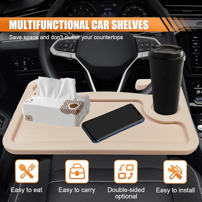 ZIMISI Car Steering Wheel Tray, Computer Office Car Table Tray, Automotive Trays for Eating, Multipurpose Vehicle Desk Travel Accessories for Laptop, Food, Fits Most Steering Wheel (Beige) - Image 3