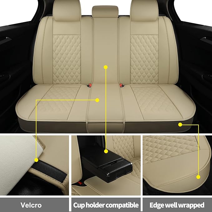 Car Seat Covers Full Set,Universal Fit for Most Cars,SUV,Sedans and Pick-up Trucks,Automotive Vehicle Faux Leather Cushion Covers for 5 Passenger Cars(Full Set,Beige) - Image 3