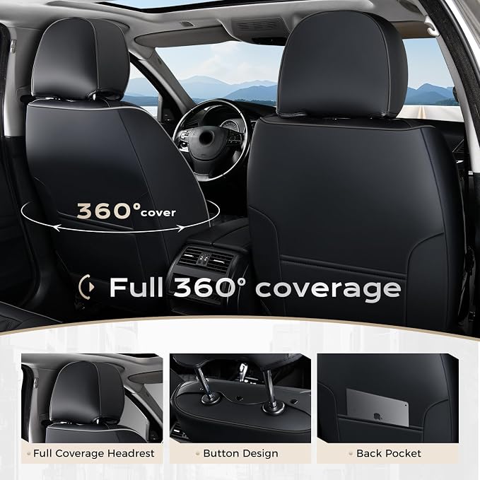 Coverado Full Set Car Seat Covers, Black Leather Seat Protectors, Luxury Front & Back Car Seat Covers,Waterproof Universal Fit, Automotive Seat Covers for Most Cars-Black - Image 4