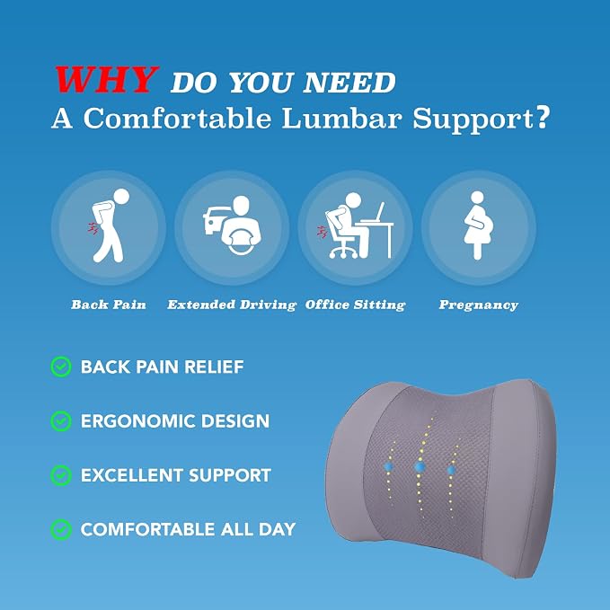 Lofty Aim Lumbar Support Pillow for Car, Car Seat Back Support for Driving | Memory Foam Car Lumbar Support for Driving Seat, Car Back Cushion, Adjustable Straps, Lower Back Pillow, Office Chairs, Gray - Image 3