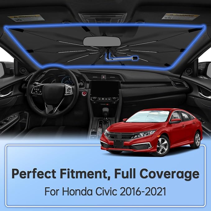 Windshield Sun Shade Umbrella for Honda Civic 2016-2021 Front Window Shield | Foldable Car Sunshade, 360 Rotation Automotive Interior UV Protection for Outdoor Parking, Keep Car Cool - Image 2