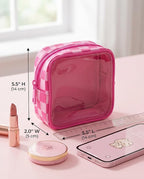 Clear Checkered Makeup Bag, Small Cosmetic Pouch with Zipper Mini Waterproof Makeup Purse Organizer Cute Cosmetic Bag Travel TSA Approved Toiletry Bag Car Organizer for Women Girls (Rose) - Image 5
