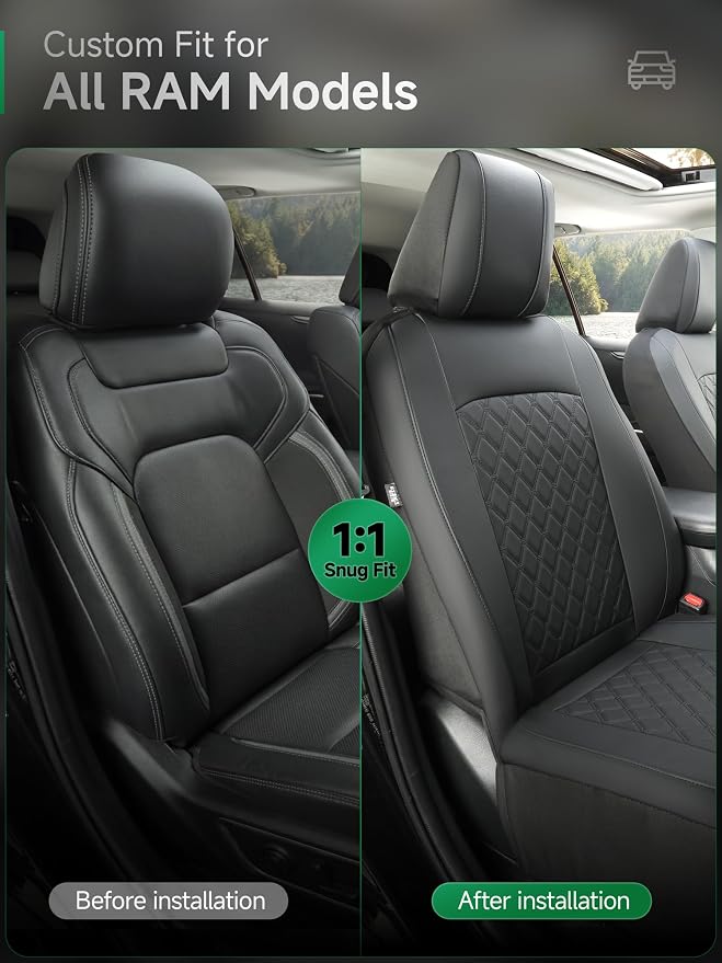 GIANT PANDA Front Truck Seat Covers for Dodge Ram 1500 2500 3500 2003-2026 Limited Laramie Big Horn Crew Cab& Quad Cab,Faux Leather,Solid Black - Image 2