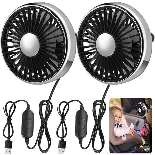 Glooglitter 2 Pcs Car Fan USB for Rear Seat Passenger Portable Headrest 360 Degree Rotatable 3 Speed 12v/ 24v Automobile Ventilation Fan with Clip for SUV Backseat, RV, Vehicles(Novelty,Silver) by Glooglitter