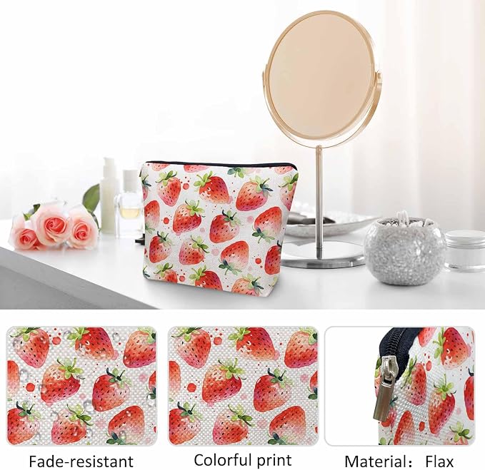 Strawberry Cosmetic Travel Bag For Toiletries, Summer Fruits Strawberry Red Makeup Bag Toiletry Bags For Women, Flax Cosmetic Bags Make Up Bag Purse Toiletries Bag Birthday Gift - Image 5