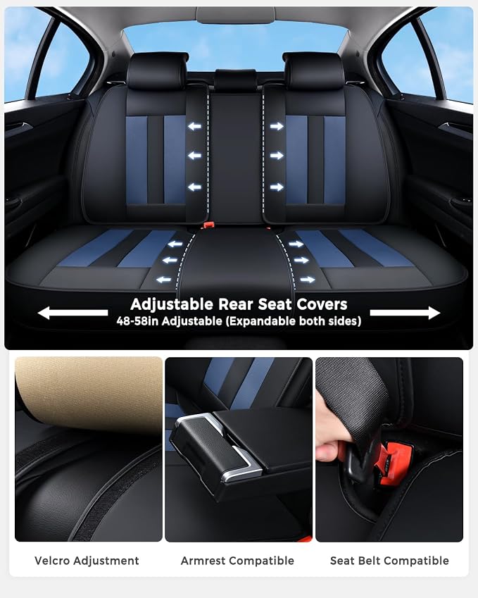 Huidasource Universal Car Seat Covers, Waterproof Faux Leather, Airbag Friendly, Easy Installation, Unobstructed Cup Holders, Scratch Resistant for Family Trips, Black & Blue - Image 3