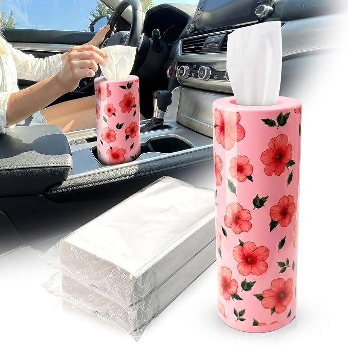 Car Tissues Cylinder for Cup Holder - Refillable Round Tissues Canister with 2 Packs Tissue - Cute Tropical Floral Car Interior Accessories for Women & Men - Hawaiian Style Cars Decor (Pink Hibiscus) by Unknown
