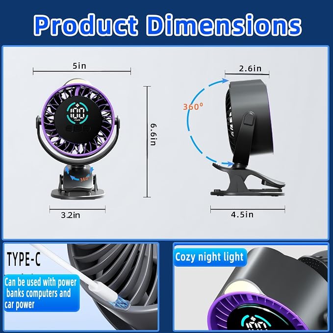 2026 Upgrade Portable Car Fan,Clip‑on/Hang/Stand 3D Circulating Air Car Cooler with LED Display,USB Rechargeable Quiet Vehicle Fan for SUV Truck RV,Ideal Summer Gift for Drivers - Image 7