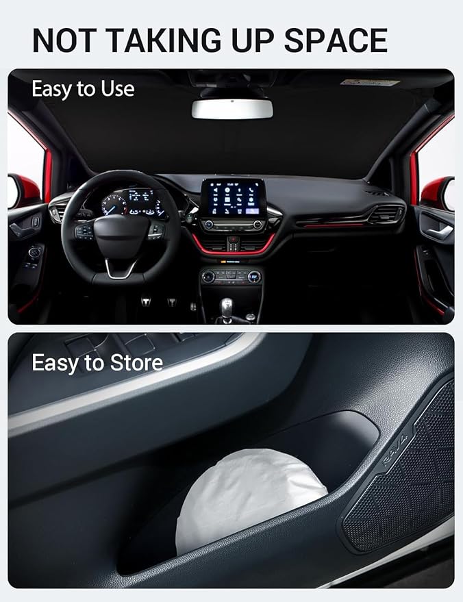 Proadsy Custom Fit 2017-2019 Ford Fiesta Windshield Sun Shade, Blocks Heat | 240T Heat Shield, Drops Temp 54°F, Blocks 99% UV, Prevents Dashboard Cracking, Summer Parking & Beach Trips, Easy Twist-Fold - Image 9