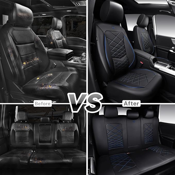 CAR PASS Luxury Nappa Leather Seat Covers Full Set, Water Resistant Faux Leather Seat Cover with Lumbar Support, Breathable Automotive Seat Covers Universal Fit for Sedan SUV Van Truck, Black Blue - Image 7