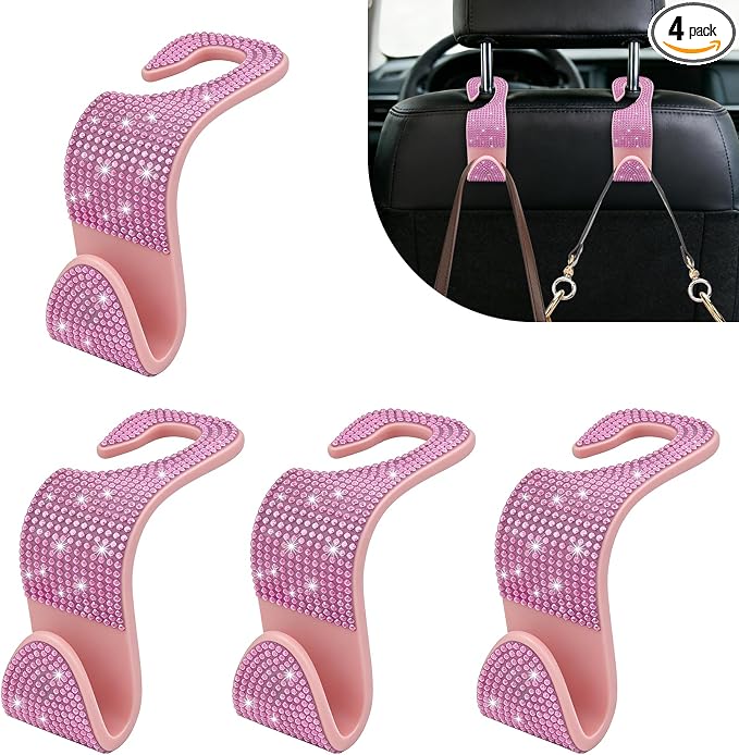 4PCS Bling Car Seat Headrest Hooks, Purse Holder for Car, Vehicle Back Seat Purse Handbag Hanging Holder with Crystal Rhinestone, Diamond Car Rear Seat Organizer for Vehicles (Pink) by Unknown