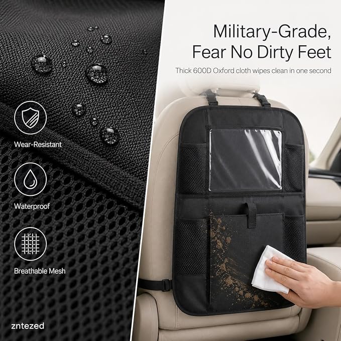Car Backseat Organizer with 12 Storage Pockets, 12" Touch Screen Tablet Holder, Waterproof Kick Mats Seat Protector, Car Organizers and Storage for Kids, Road Trip Essentials（2 Pack，Black） - Image 7