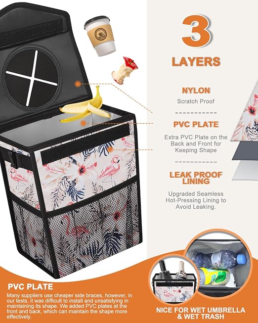 Pritent Car Trash Can with Lid Leakproof Car Garbage Bag Vehicle Trash Bin | Hanging Automotive Garbage Can,Multipurpose Car Accessories for Women Men Interior Car Storage Organizer(2 Gal,Flamingo) - Image 3
