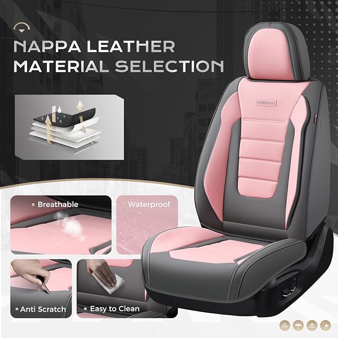 Coverado Car Seat Covers Full Set, Nappa Leather Seat Covers for Cars, Car Seat Protector Car Seat Cushion, Front and Back Seat Protectors Cushions Universal Fit for Most Cars Vehicles(Gray&Pink) - Image 2