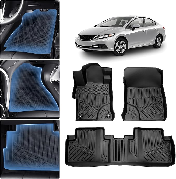 Sunsdrew Floor Mats for 2012-2015 Honda Civic Sedan, All Weather Car Mats Front Rear 2 Rows Floor Liners for Civic Accessories TPE Rubber Raised Edge (Not for Coupe) by SUNSDREW