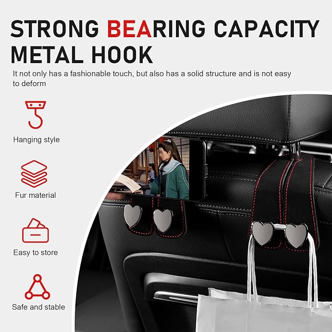 2 PCS Car Seat Headrest Hook, Suede Cute Heart Shape Metal Double Head Purse Hook, Universal Automotive Seat Back Storage Hanger, Car Accessories for Women (Black) - Image 5