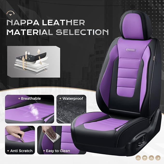 Coverado Car Seat Covers Full Set, Nappa Leather Seat Covers for Cars, Car Seat Protector Car Seat Cushion, Front and Back Seat Protectors Cushions Universal Fit for Most Cars Vehicles(Black&Purple) - Image 2