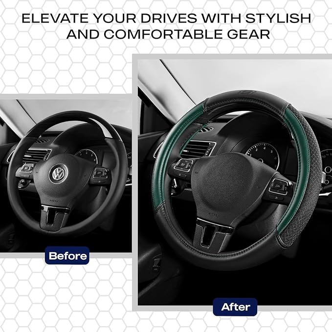 Skechers Air-Cooled Steering Wheel Cover,Leather Car Steering Wheel Cover Universal Fit 14" 1/2-15" Car Wheel Protector for Men Women Fit Suvs,Vans,Sedans,Car,Trucks,Green - Image 6