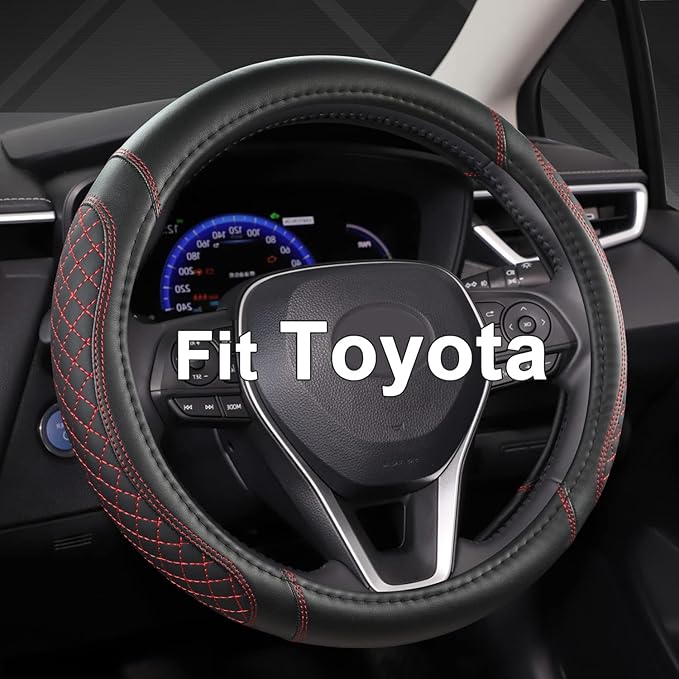 West Llama Customized Auto Car Steering Wheel Cover for Toyota Rav4 Corolla Camry Highlander(Diamond Quilted-Black+Red-Standard Size) by WESTLLAMA